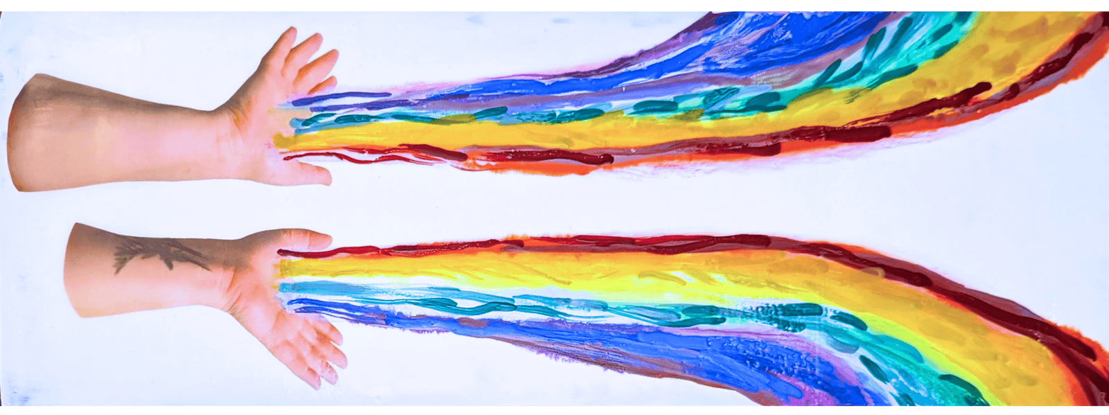 Two hands with rainbows arcing out of the palms