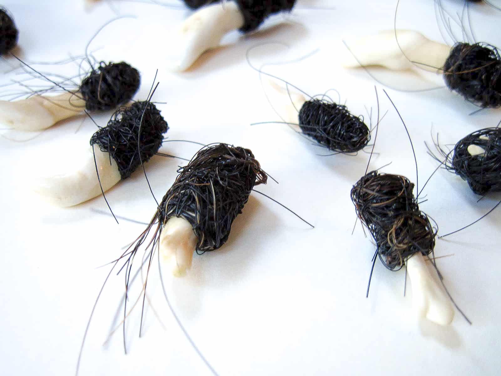 Multiple horse teeth with crocheted brown horsehair around their roots