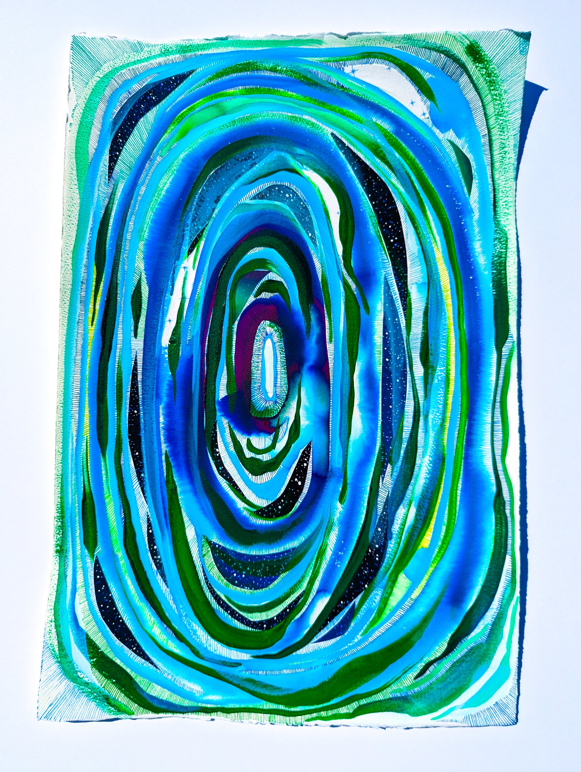 Ink painting of blue and green concentric ovals