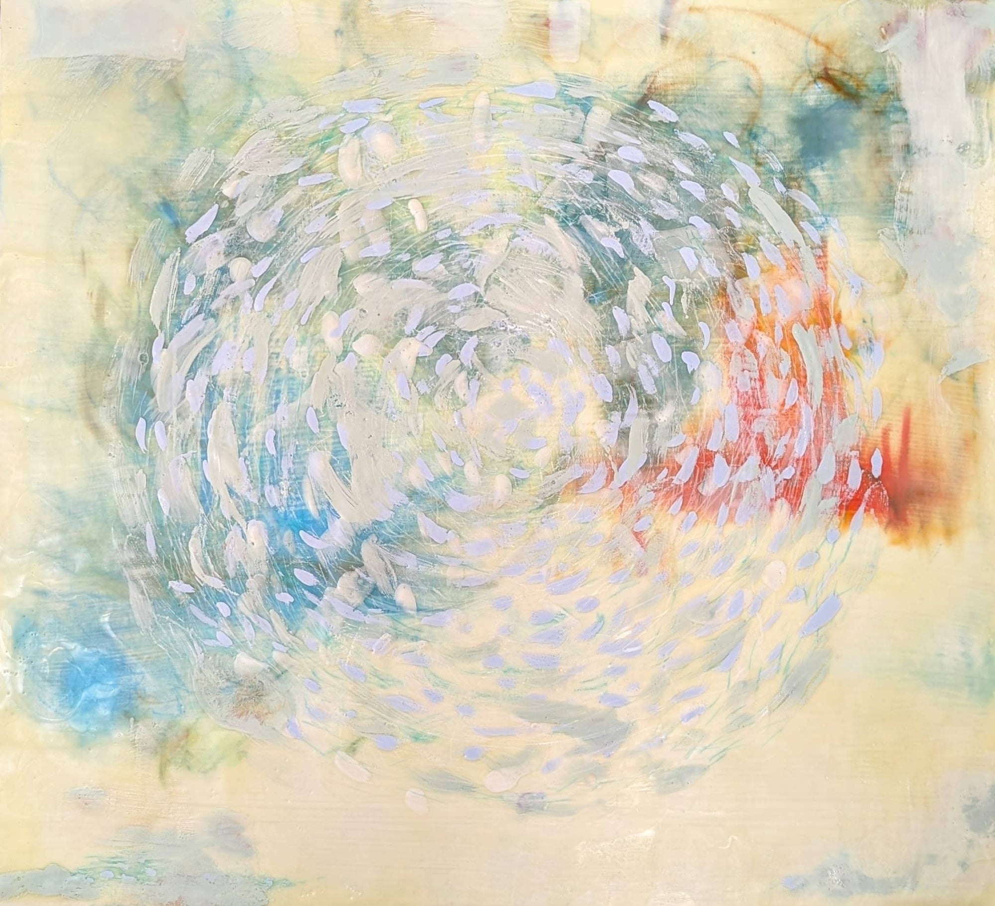 Encaustic painting cream background, orange and glue fields with light blue marks forming a circular shape in the center of the composition 