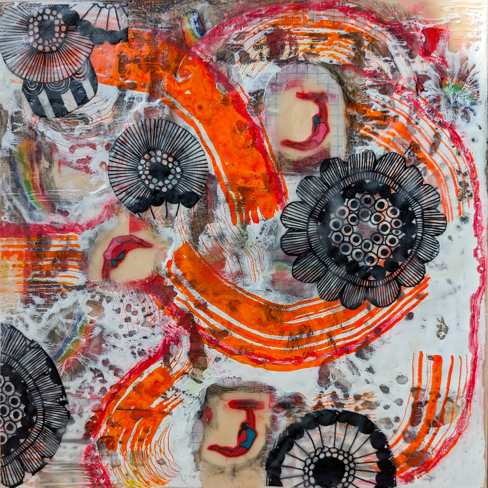 Square piece of art small gymnasts swoop through rainbow fragments, orange curved lines on a mottled transparent white background. Black and white 