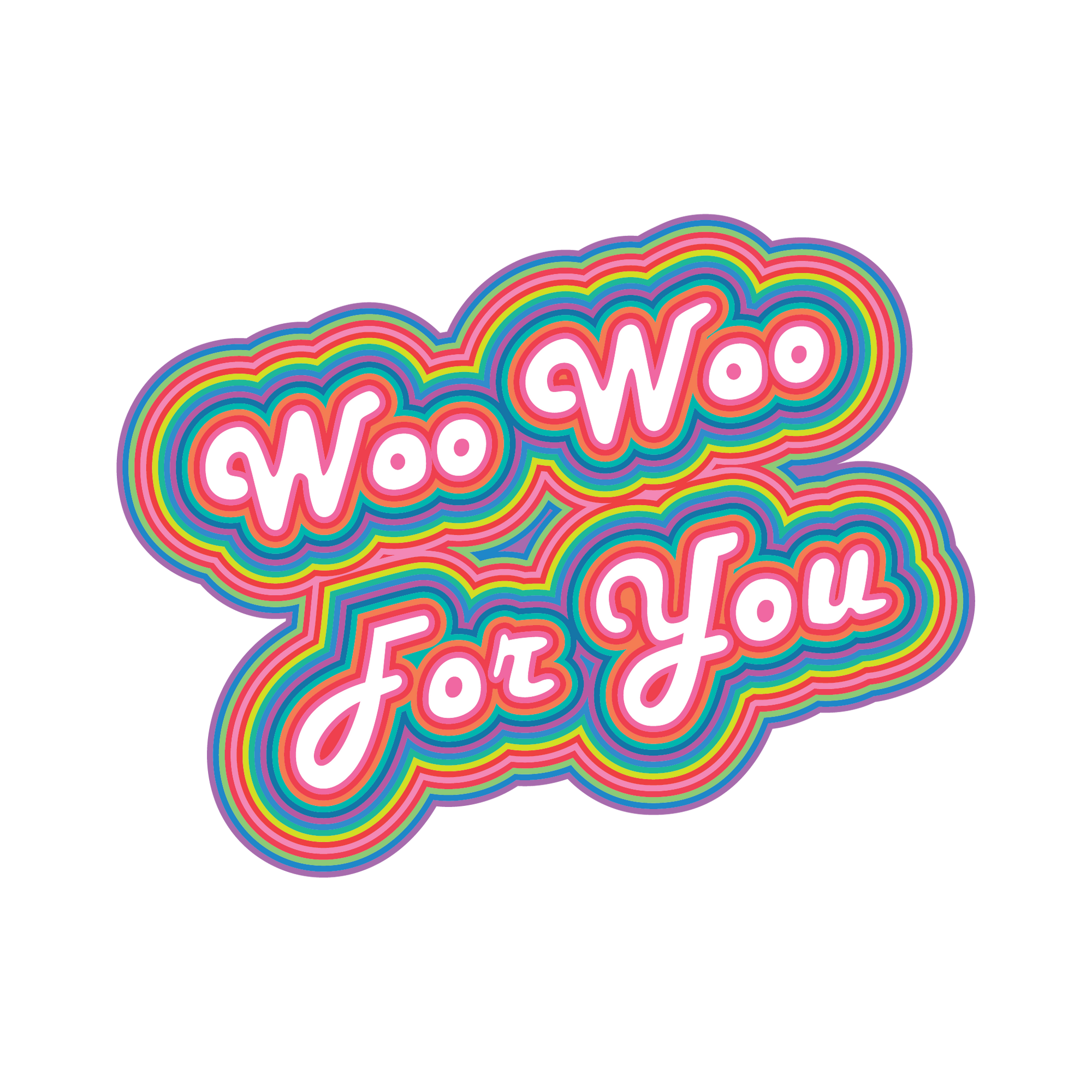 Text based logo that spells out "Woo Woo For You" in bubble letters outlined in rainbow colors