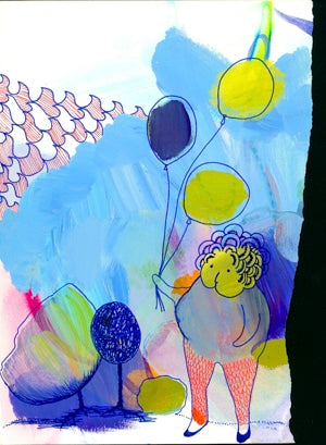 Drawing of a girl with a butt face holding three balloons